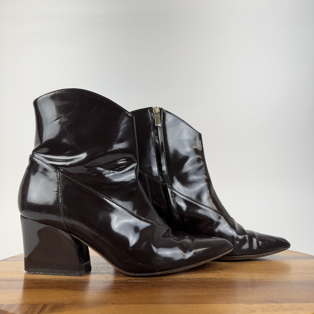 Womens Tibi Dylan Brown Patent Leather Pointed toe Western Heel Boots Size 38.5